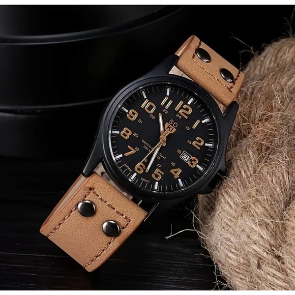 SOKI Men's Brown and Black Leather Quartz Watch - Refined Contrast - Picture 3 of 6